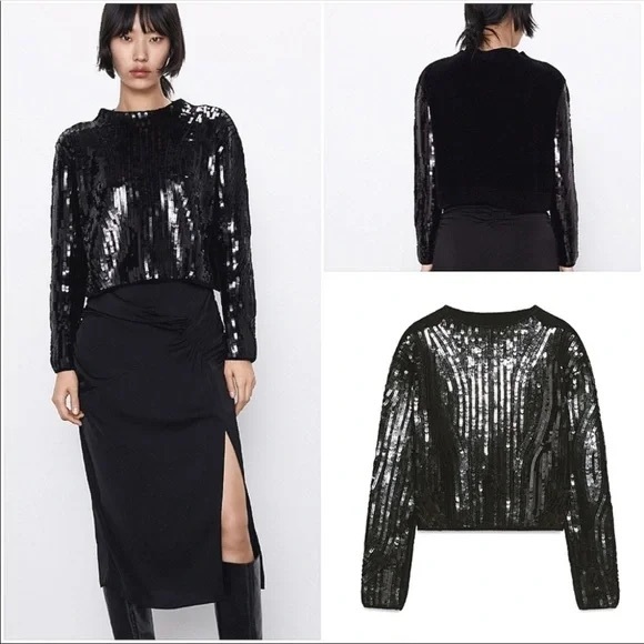 Zara Sweaters - Zara Black Sequin Long-Sleeve Sweater